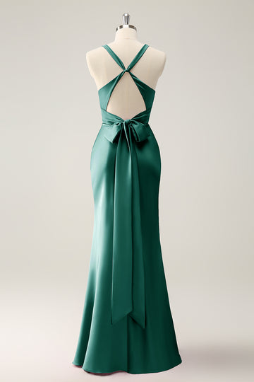 Vestido largo de dama de honor de satén con cuello en V de sirena Verde Oscuro